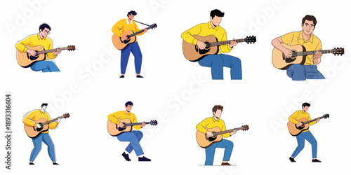 Collection of eight vector illustrations depicting young men playing acoustic guitars in different poses, showcasing diverse musical expressions and styles.