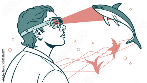 A man wearing virtual reality goggles sees a dolphin and fish in a futuristic illustration