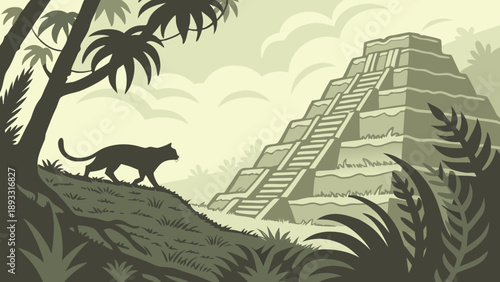 A vector graphic illustration of a jungle scene with a pyramid and a panther