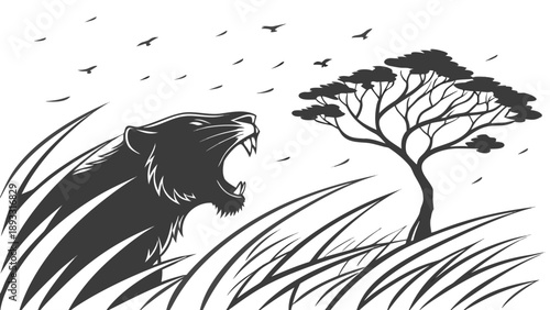 A black and white vector illustration of a roaring lion in a savannah