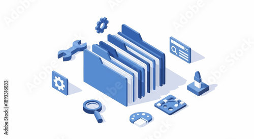 Digital file organization and management concept with icons.