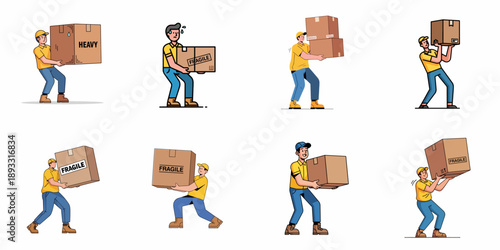 Delivery and Moving Workers Handling Heavy and Fragile Boxes Set. Illustrations of Couriers Lifting Packages, Showing Effort, Logistics, and Shipping Service Concepts.