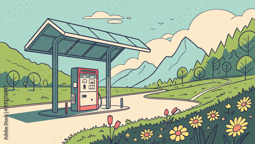 A colorful illustration of a gas station in a serene natural setting