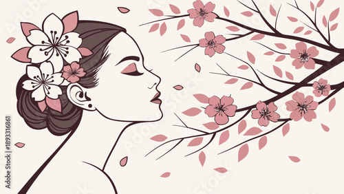A serene woman with flowers in her hair surrounded by cherry blossoms
