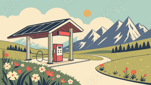 A solar powered charging station in a serene mountain landscape with flowers