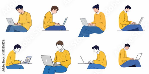 Collection of young people sitting and working on laptops, illustrating remote work, online learning, and various digital lifestyle poses.