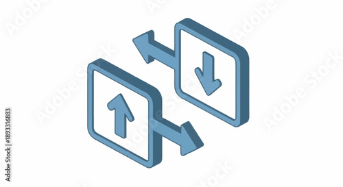 Data transfer between two digital devices with upload and download arrows.