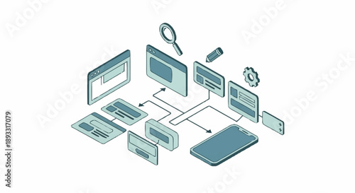 Isometric illustration of interconnected devices and digital elements.