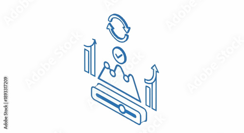 Simple line art illustration of a person working on a computer with various elements.