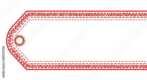 Red stitched tag with detailed edge design, isolated on a white background