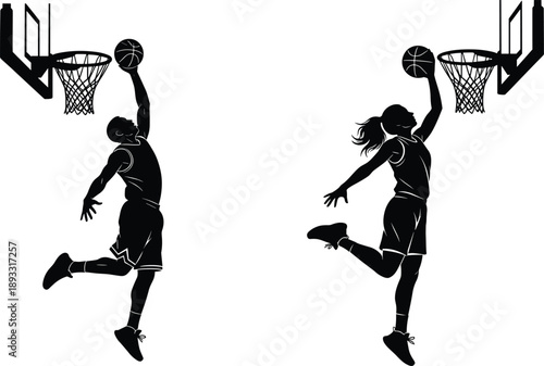 Male and female basketball player silhouettes performing powerful slam dunks, dynamic sports action vector illustration isolated on white background
