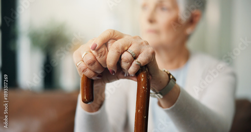 Slika na platnu Hands, walking stick and senior woman in home for support, mobility or rehabilitation movement