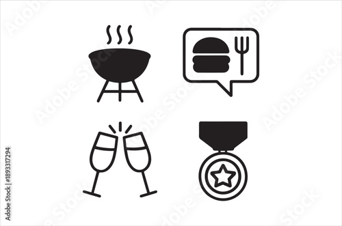 Minimalist icons depicting a barbecue burger cheers and award ribbon are shown high quality