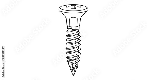 Detailed illustration of a drywall screw isolated on a white background, showcasing its threaded design and flat head for construction use