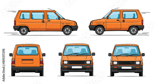 Orange vintage van multiple angles side front rear views isolated white background