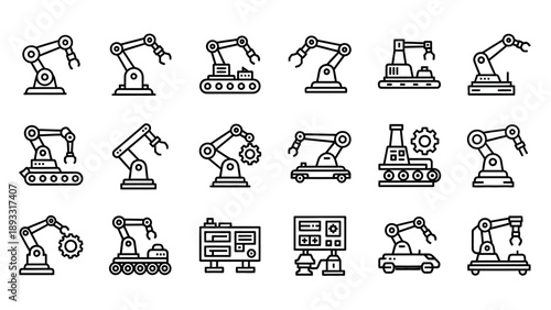 Industrial Robots and Machinery Icons Set.