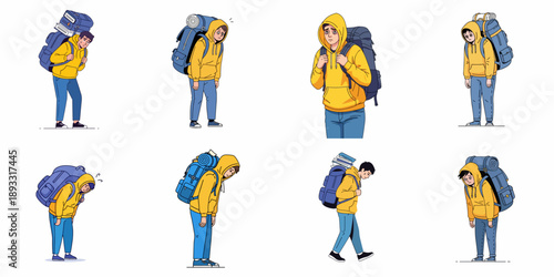 Vector illustration set showing a tired student or traveler carrying a very heavy, oversized backpack, symbolizing burden, exhaustion, and overwhelming stress.