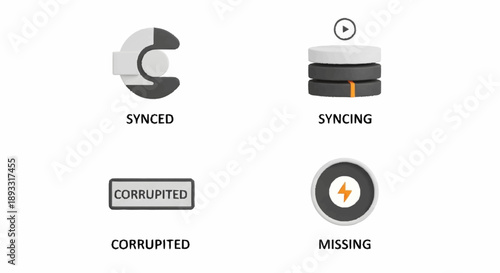Data synchronization status icons set with various states.