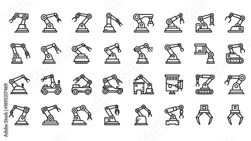 Industrial robotic arms in various positions.