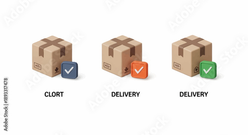 Three stages of parcel delivery process with checkmarks.