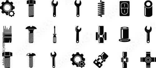 Mechanical Parts and Tools Icons Set, Bolts Gears Springs Wrenches and Industrial Components Collection, Engineering Repair Black Vector Illustration