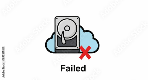 Failed cloud storage hard drive with red cross mark.