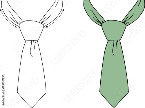 Necktie knot tying guide illustration with step by step diagram and finished green tie, minimalist fashion instruction graphic isolated on white background