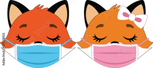 Cute Fox Kids Hygiene Outline Icons Set  Boy and Girl Fox with Face Mask