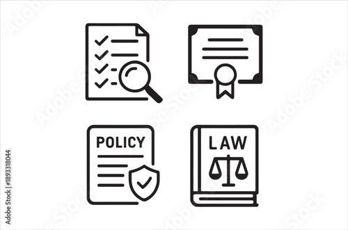 A set of four black line icons representing checklists certificates policy and legal concepts