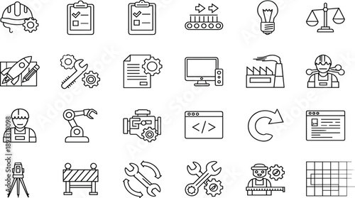 Set of twenty four outline engineering icons featuring construction robotics manufacturing and maintenance symbols for industrial and technical design projects.