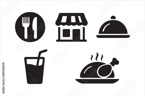 Black and white icons depicting restaurant elements cutlery building covered dish and food