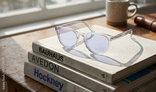 Clear-framed blue light blocking glasses rest on a stack of classic art books on a wooden table, bathed in natural window light.