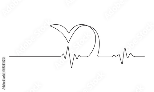 Minimalist heart with continuous pulse rate line art for medical and healthcare concept