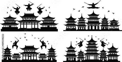 Ninja warriors silhouette over traditional Japanese pagoda temples with flying birds, martial arts action scene, black vector illustration isolated on white