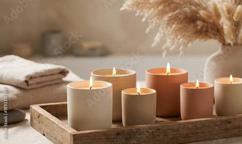 A serene collection of lit natural-toned candles on a rustic wooden tray creates a calming atmosphere for relaxation and wellness.