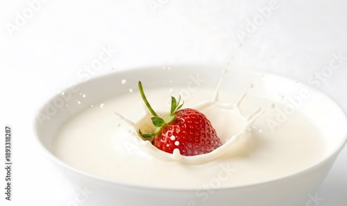 A vibrant red strawberry creates a dramatic splash as it drops into a pristine white bowl of creamy milk.