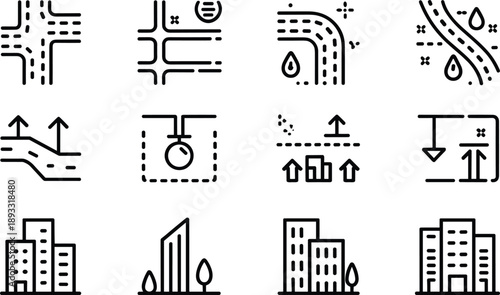 Set of minimalist urban infrastructure line icons featuring city buildings road intersections and map navigation symbols isolated on grey