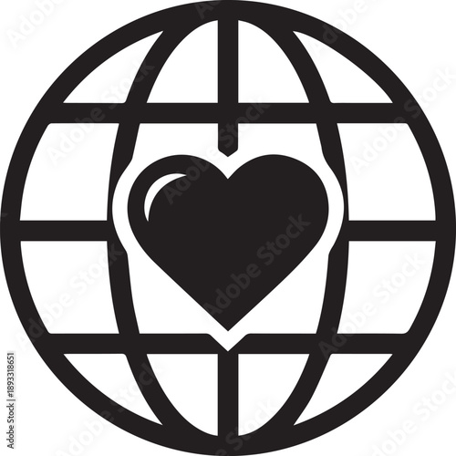 Global love icon heart symbol inside world globe concept for international charity vector illustration