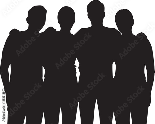 Group of four friends standing together with arms around shoulders friendship vector illustration icon