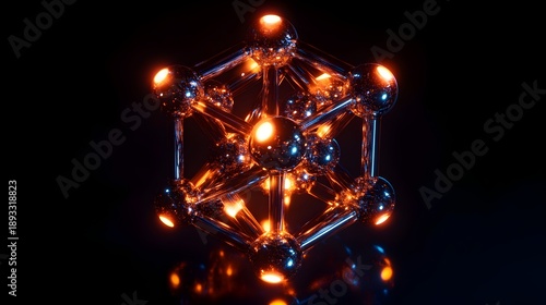Abstract glowing metallic molecule structure symbolizing complex scientific research or advanced technology framework against a dark void background suggesting deep space.