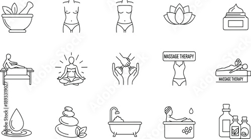 Spa and massage therapy vector icon set, featuring hot stones, oil bottles, meditation, bathtub, and beauty treatment symbols in outline style.