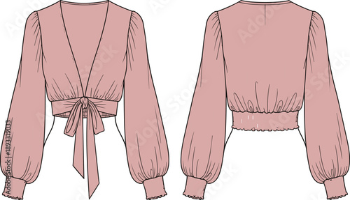 Women Long Sleeve Tie Front Crop Top Fashion Flat Sketch Vector Illustration, Deep V Neck Blouse Technical Drawing for Apparel Design and Manufacturing,