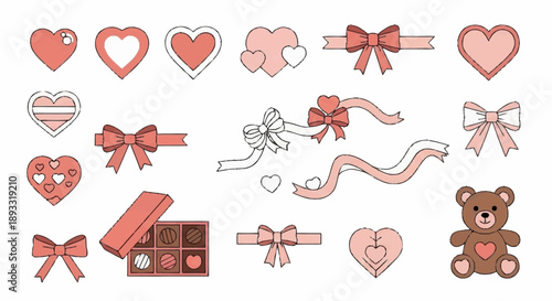 Collection of red and pink hearts, bows, and gifts illustrating love and affection from various viewpoints