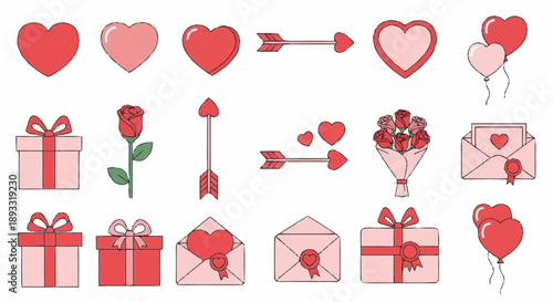 Collection of red and pink heart-shaped icons, roses, and envelopes arranged in a grid layout representing love and affection