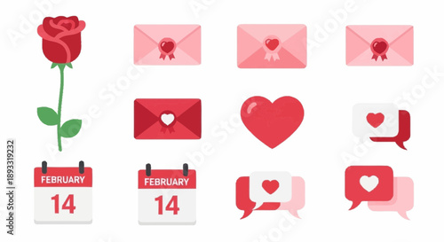 Valentine's Day celebration icons featuring rose, love letter, heart, envelope, calendar