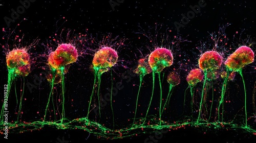 Vivid microscopic visualization captures glowing stained neurons with intricate cellular structures extending long green axons against a deep black background.