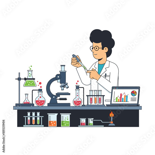 Scientist working in laboratory with microscope, test tubes, and laptop