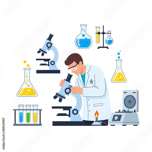 Scientist working with microscope and lab equipment, research, science, innovation