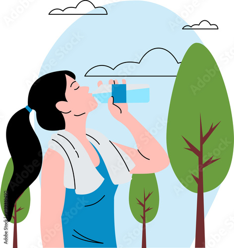 Post workout hydration concept. woman thirsty drink water bottle. woman drinking clean water from plastic bottle. A woman who has just finished exercising drinks mineral water from a plastic bottle
