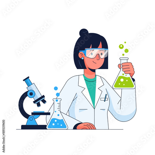 Scientist Woman Holding Erlenmeyer Flask with Green Liquid, Microscope & Beakers